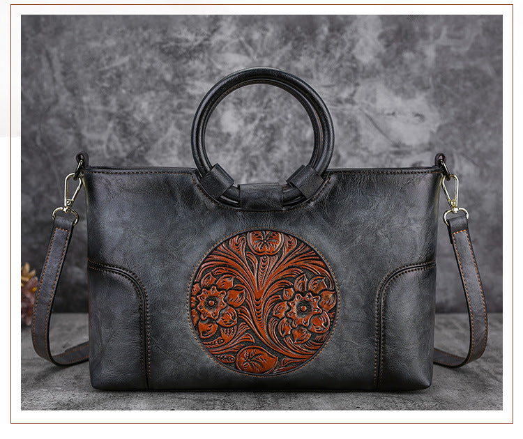 Women's Elegant Vintage Leather Floral Pattern Shoulder Bags