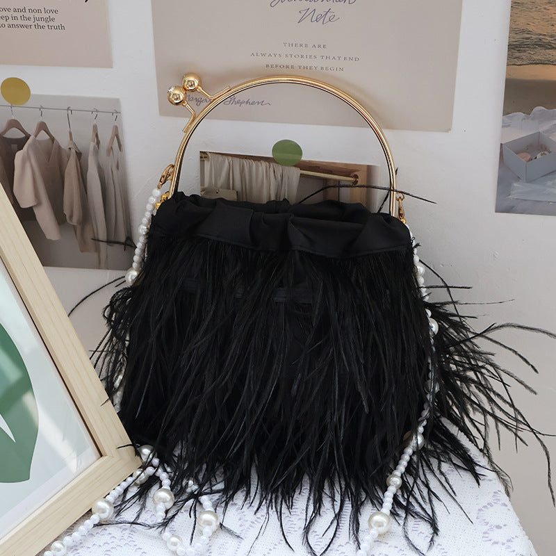 Women's Ostrich Feather Fairy Portable Pearl Chain Bags