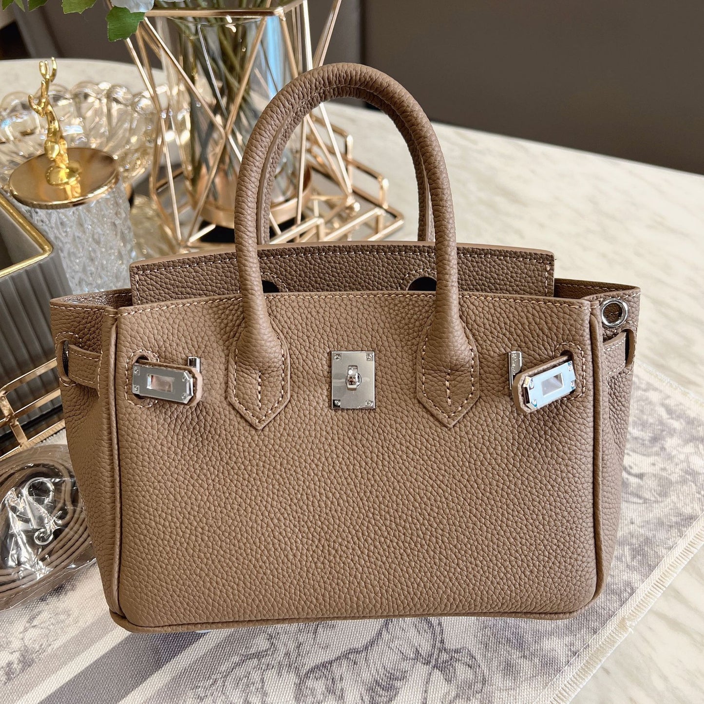 Women's Mini Litchi Pattern First Layer Cowhide Handbags