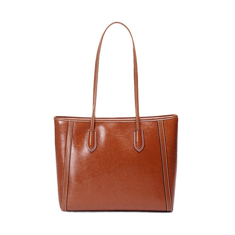 Women's Capacity Commuter Oil Wax Cowhide High-grade Tote Bags