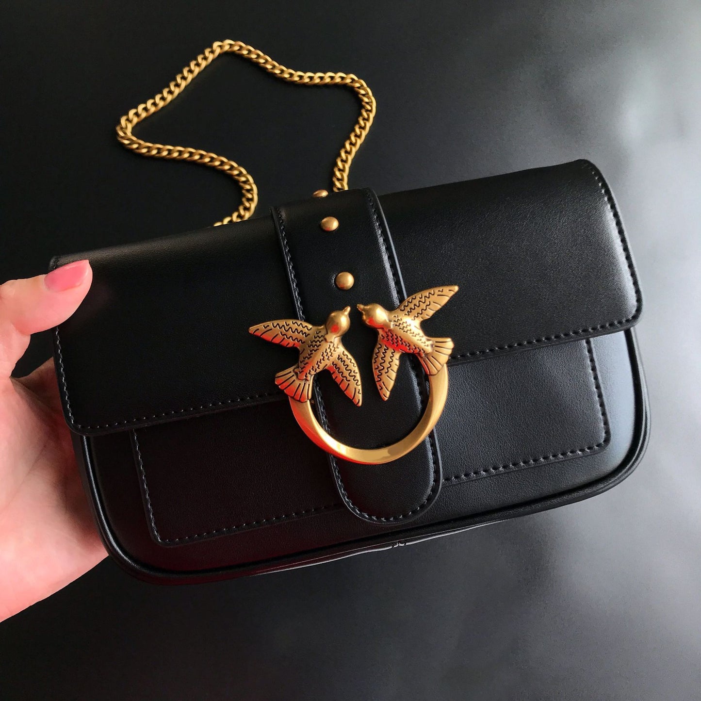 Women's High Quality Leather Rivets Chain Swallow Small Square Bags