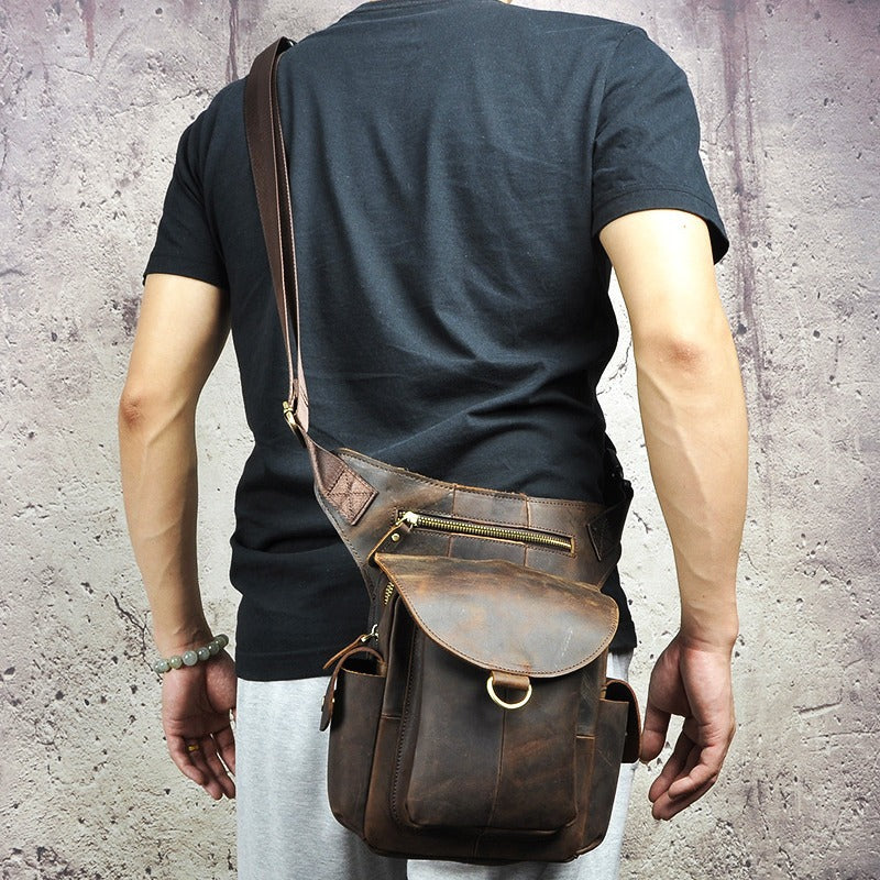 Men's Oil Waxed Leather Cowhide Retro Trendy Cool Men's Chest Bags