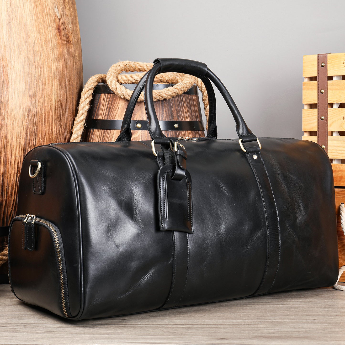 Men's Traveling Black With Shoe Position Cowhide Travel Bags