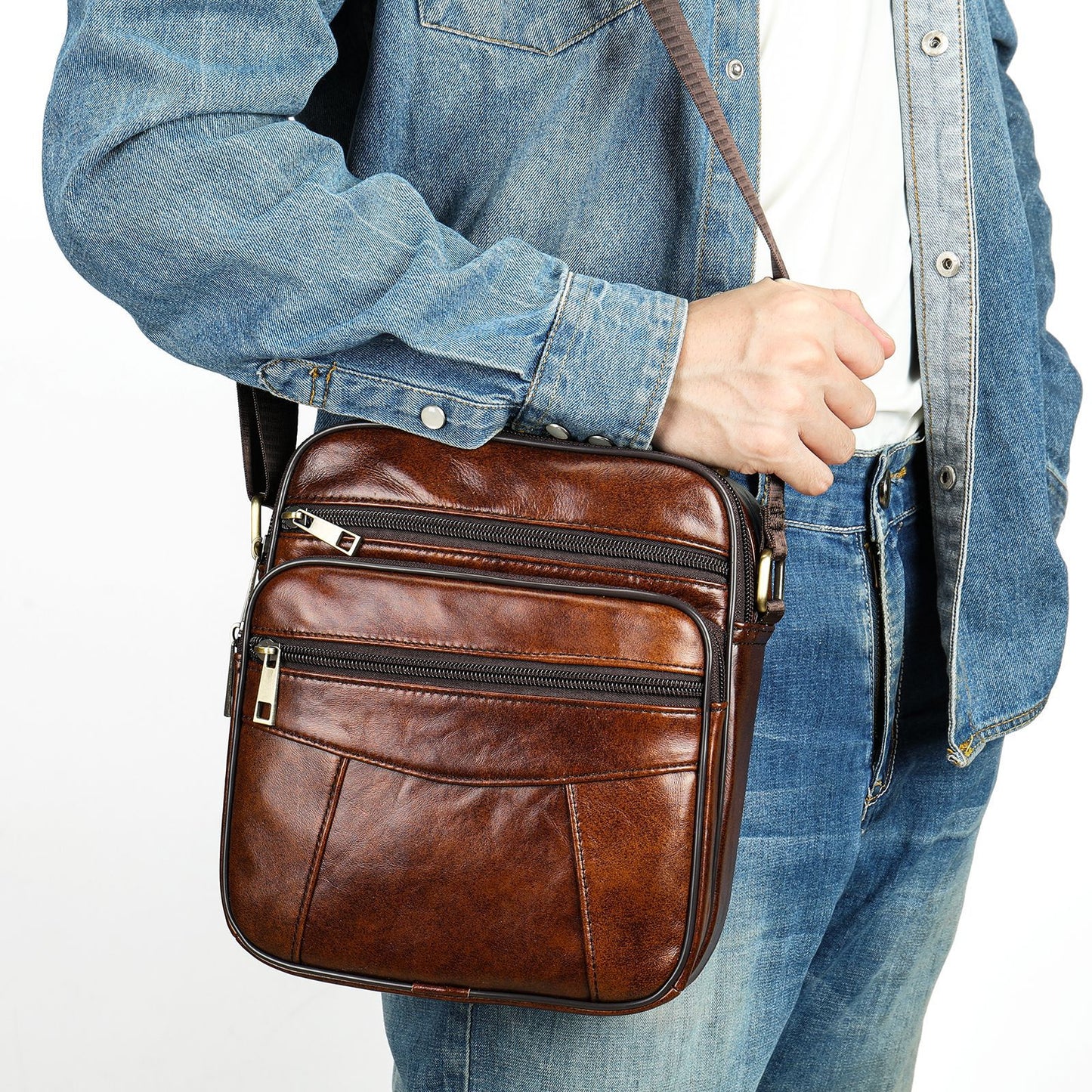 Men's Genuine Leather Retro Vertical Top Layer Shoulder Bags