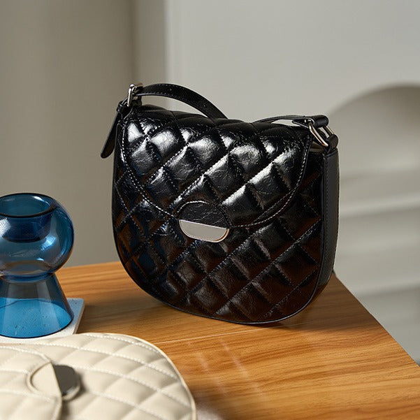 Women's Saddle High-grade Diamond Plaid Underarm Genuine Crossbody Bags
