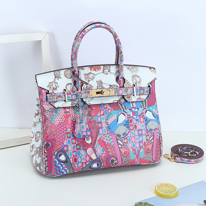 Women's Litchi Pattern Top Layer Cowhide Print Painted Genuine Handbags