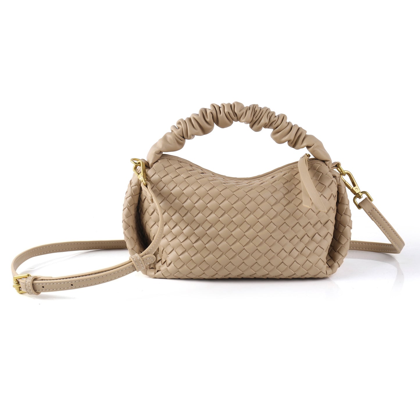 Soft Leather Woven Pleated Wooden Ear Portable Handbags
