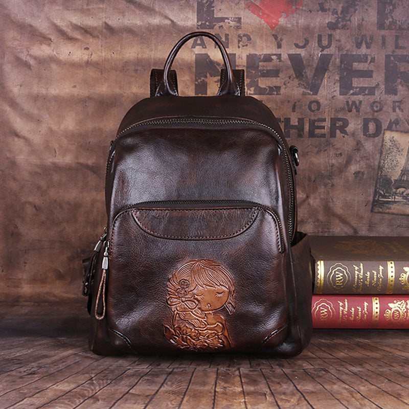 Women's First Layer Cowhide Chinese Style Retro Backpacks
