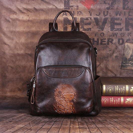 Women's First Layer Cowhide Chinese Style Retro Backpacks