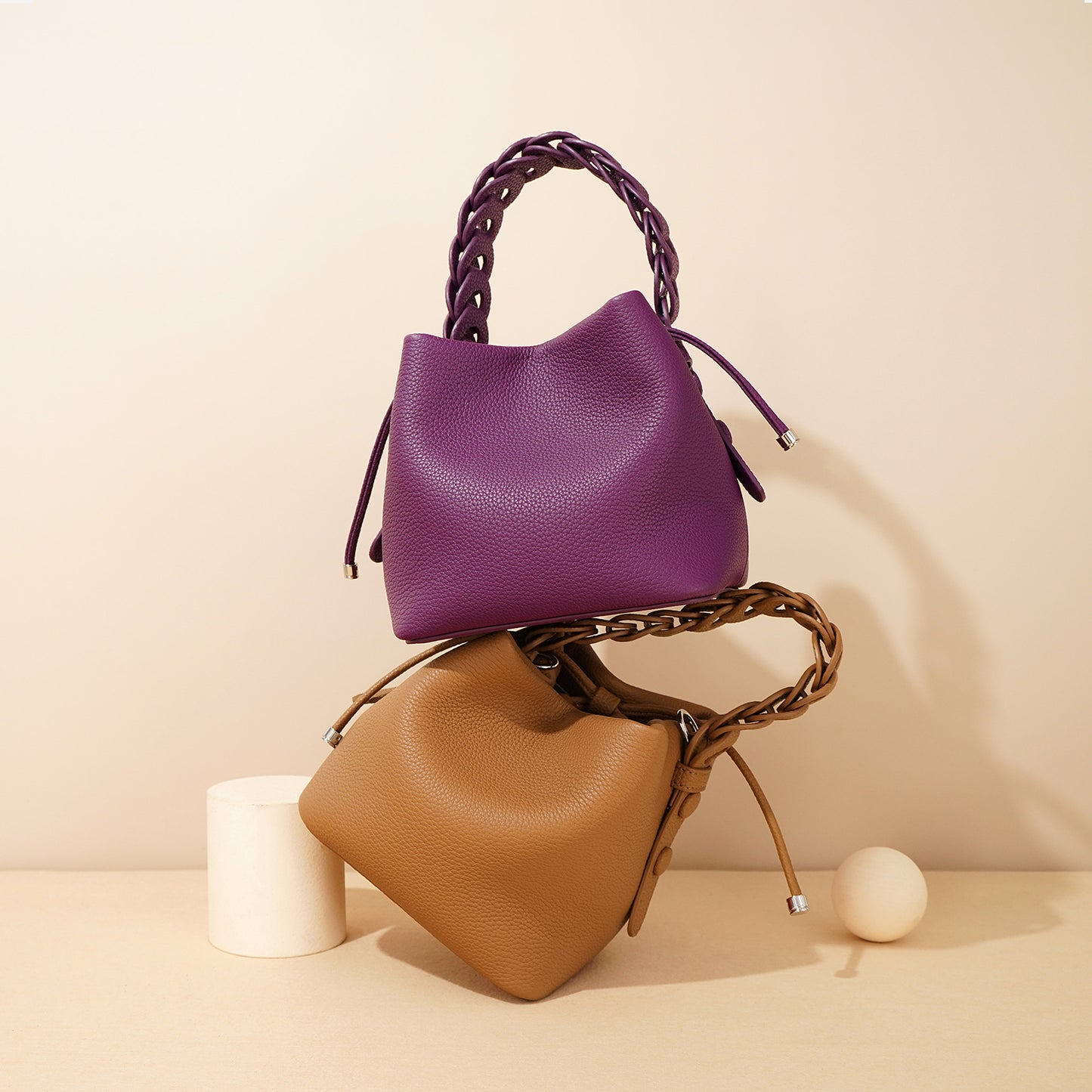 Top Layer Cowhide Autumn Textured Genuine Leather Bucket Bags