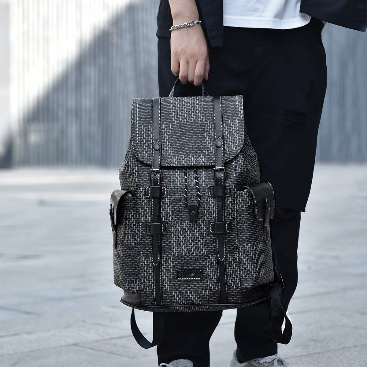 Men's Large Plaid Fashion Trendy Capacity Green Backpacks