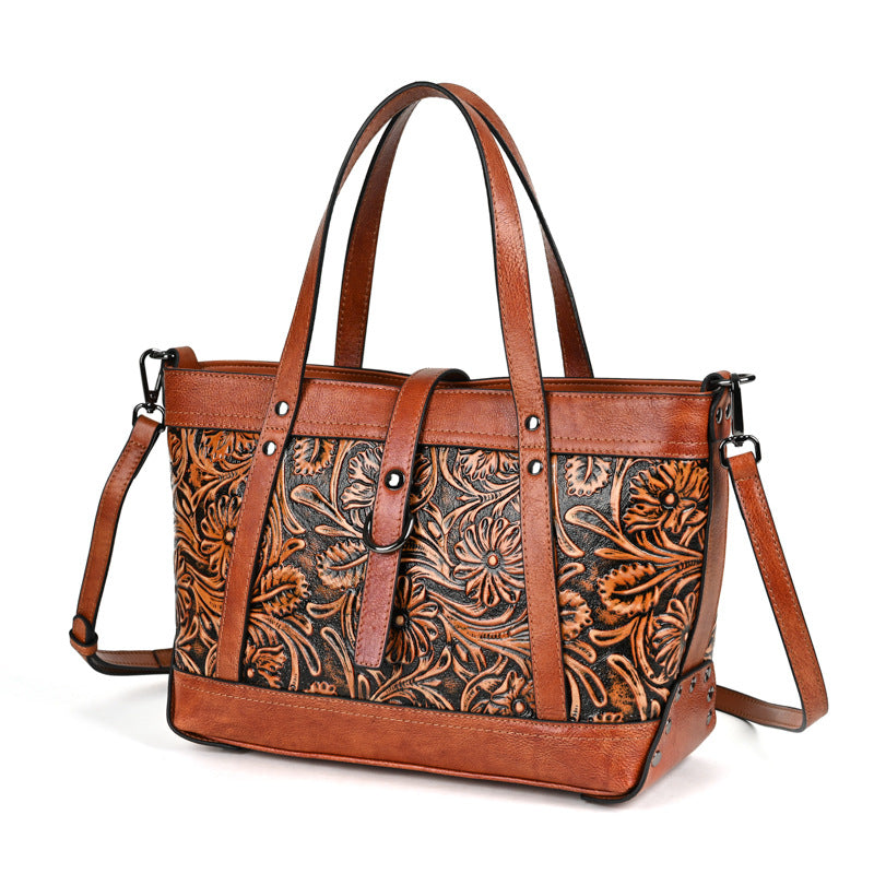 Women's Layer Cowhide Hand Carved Vintage Large Tote Bags