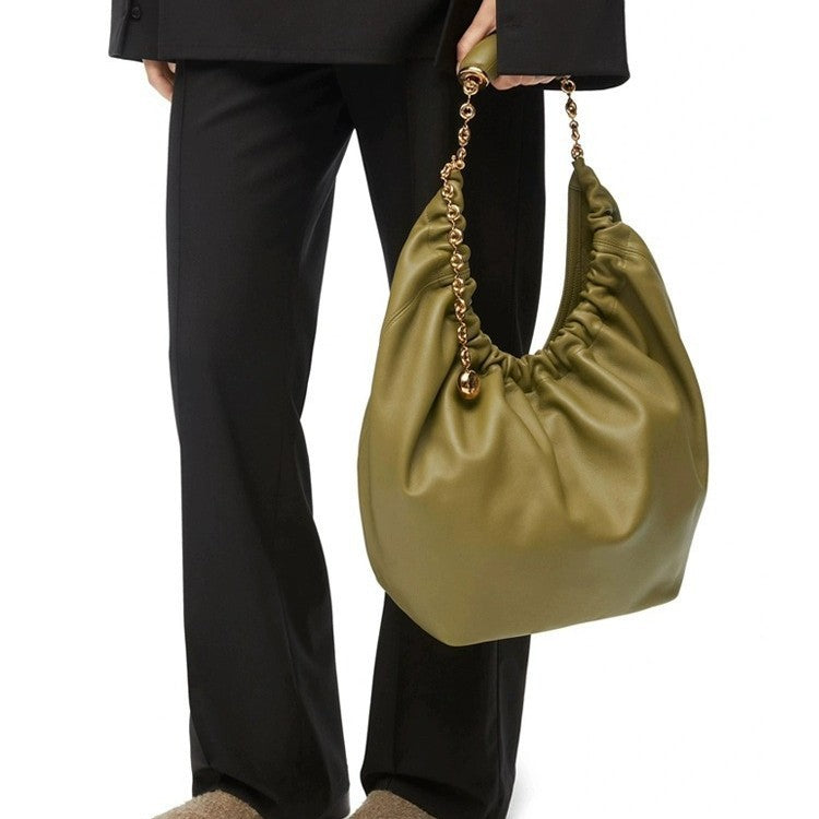 Pleated Soft Cowhide Underarm Chain Genuine Bucket Bags