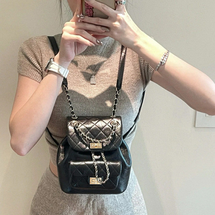 Oil Wax Cowhide Classic Style Rhombus Backpacks