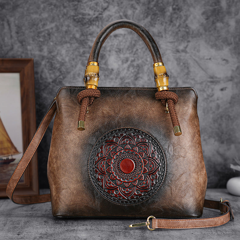 Autumn Retro Embossing Brushed Bamboo Large Crossbody Bags