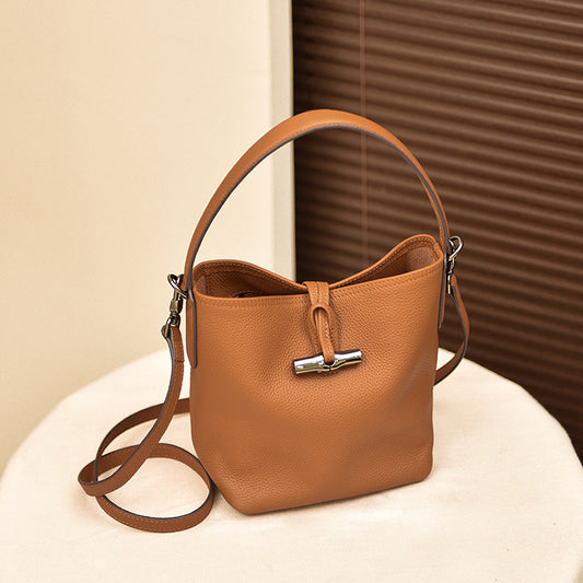 Women's Layer Cowhide Bamboo Niche Senior Family Bucket Bags