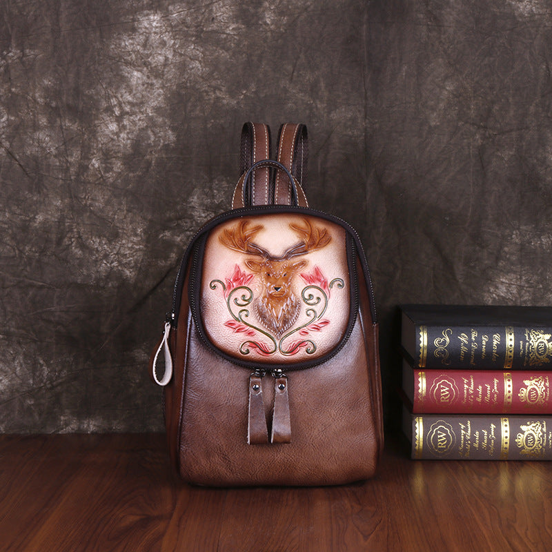 Women's Layer Cowhide Personality Retro Embossing Cow Leather Fashion Backpacks