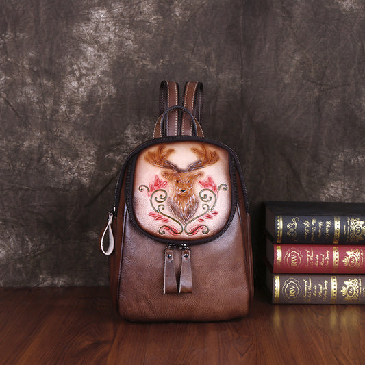 Women's Layer Cowhide Personality Retro Embossing Cow Leather Fashion Backpacks