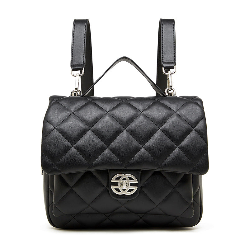 Women's Leather Classic Style High-grade Diamond Plaid Backpacks