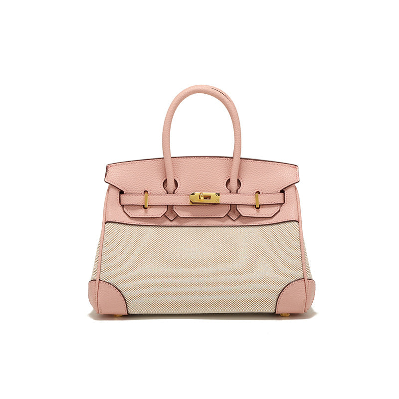 Women's Spring Design Leather With Canvas Contrast Shoulder Bags