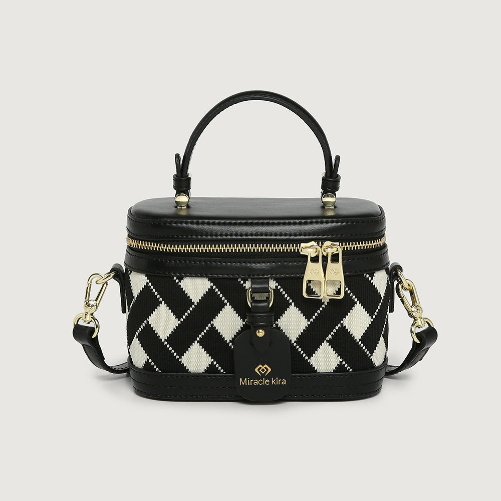 Women's Black White Rhombus Round Box High Shoulder Bags