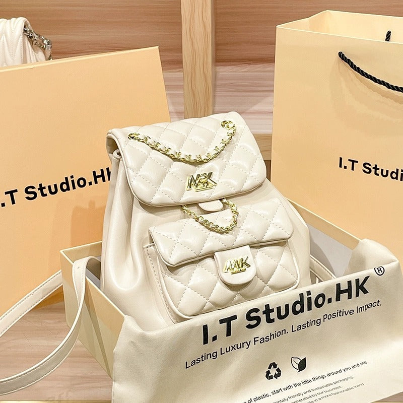 Women's Genuine Leather Simple Rhombus Fashion Chain Backpacks