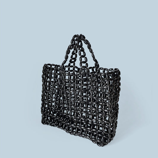 Design With Wooden Beads Decoration Hand-woven Handbags