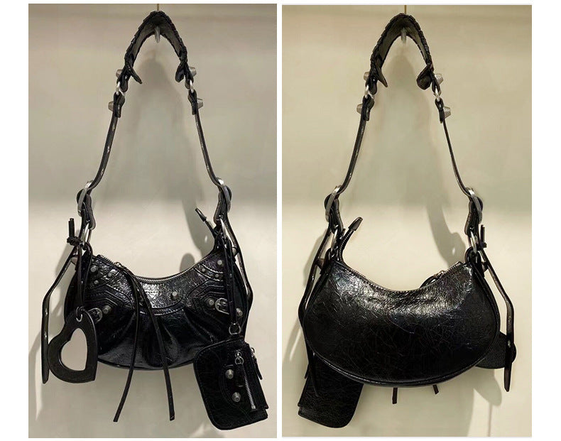 Women's Three-in-one Motorcycle High Quality Rivet Pleated Oil Wax Crossbody Bags