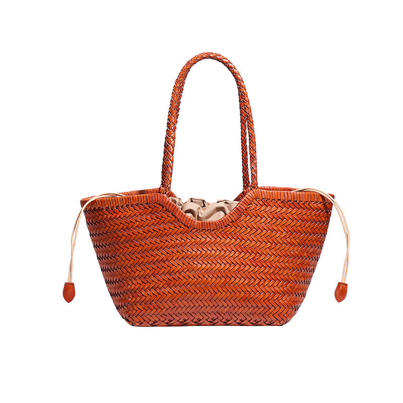 Retro Vegetable Basket Top Layer Cowhide Leather Design Tote Bags