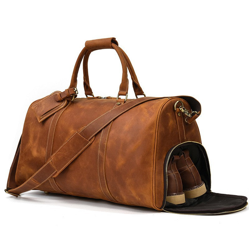 Men's Traveling Crazy Horse Leather With Shoe Travel Bags