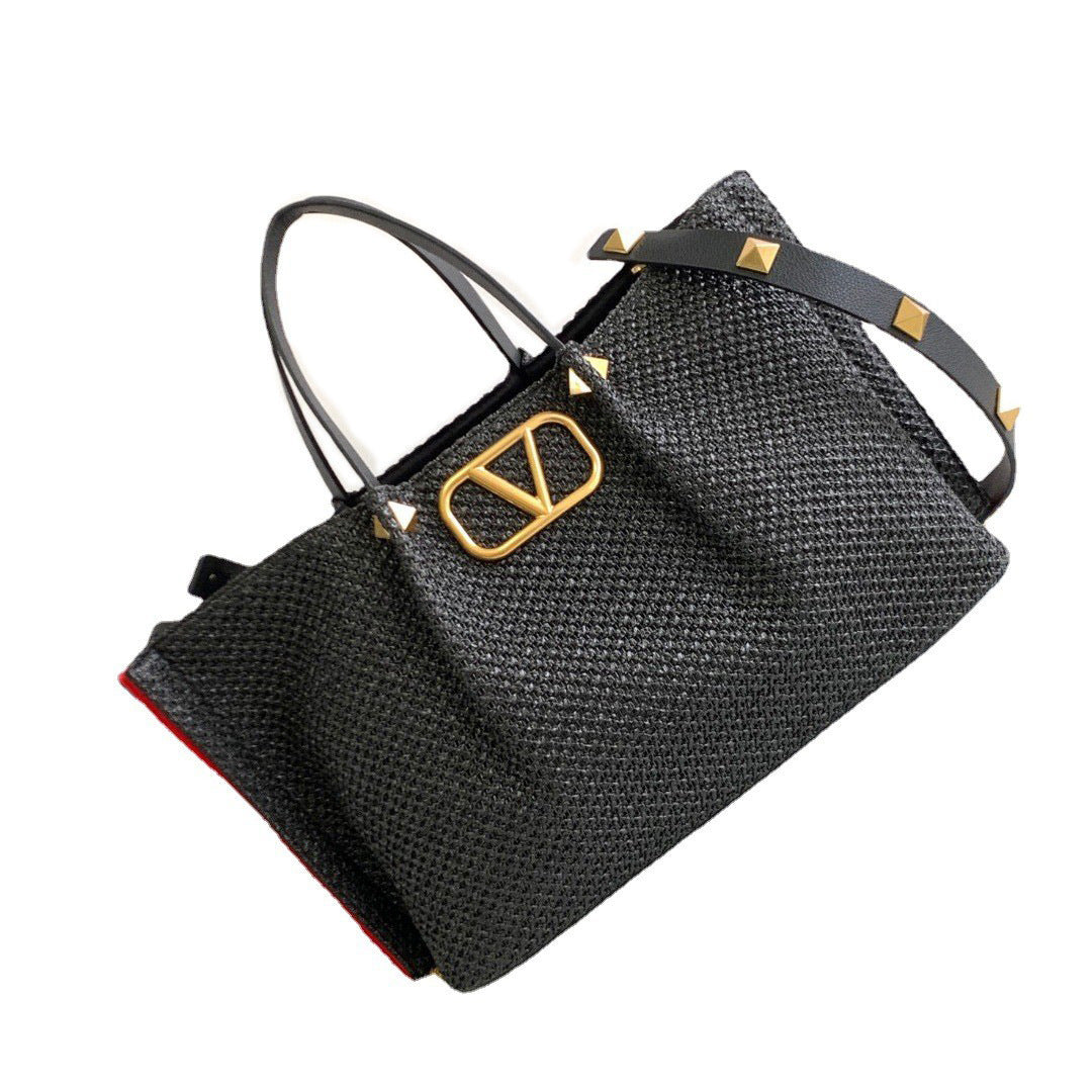 Women's Retro Portable Shopping Woven Genuine Leather Crossbody Bags