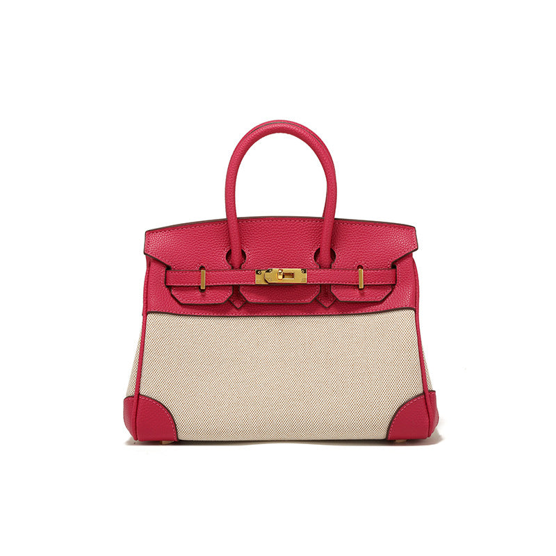 Women's Spring Design Leather With Canvas Contrast Shoulder Bags