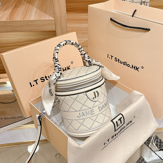 Women's Genuine Leather High-grade Round Fashion Cylindrical Bucket Bags