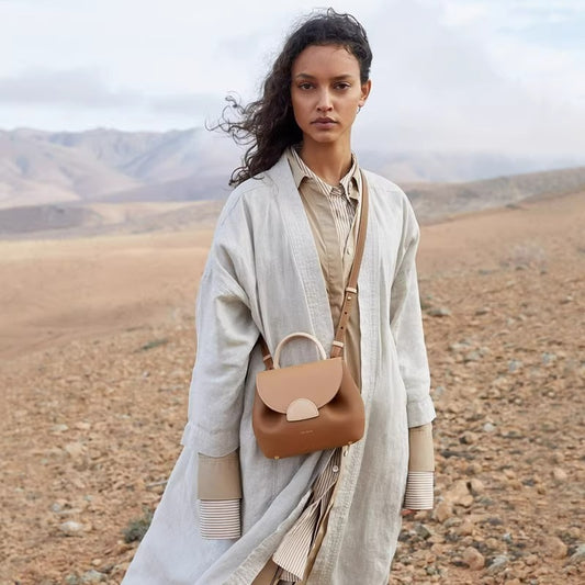 French Design Camel Lychee Cowhide Stitching Bags