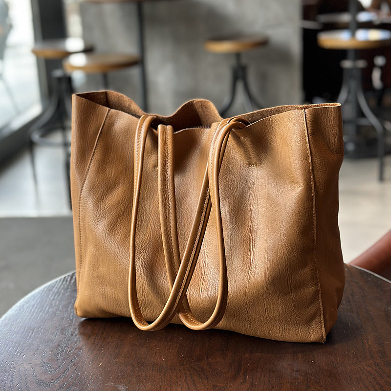 Women's Top Layer Cowhide Big Shopping Genuine Leather Simple Tote Bags