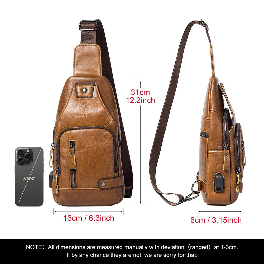 Men's First Layer Cowhide Soft Leather Genuine Flat Men's Chest Bags