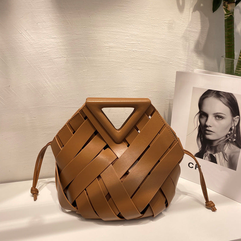 Women's Design Cowhide Inverted Triangle Woven Hollow Shoulder Bags