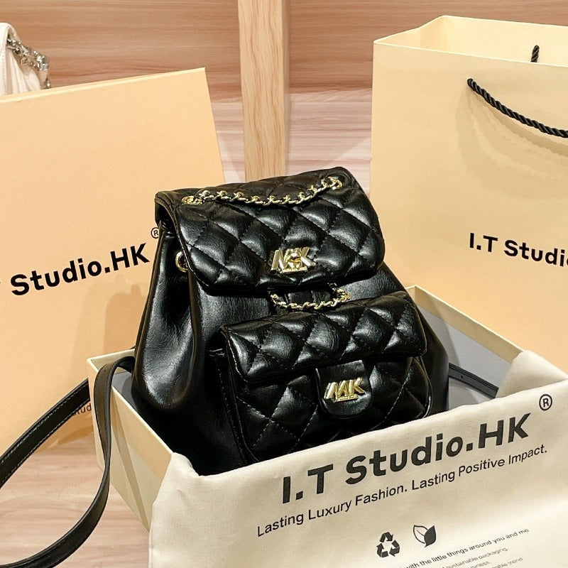Women's Genuine Leather Simple Rhombus Fashion Chain Backpacks