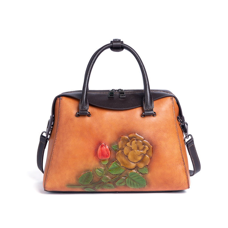 Women's First Layer Cowhide Retro Style Embossed Color Bags