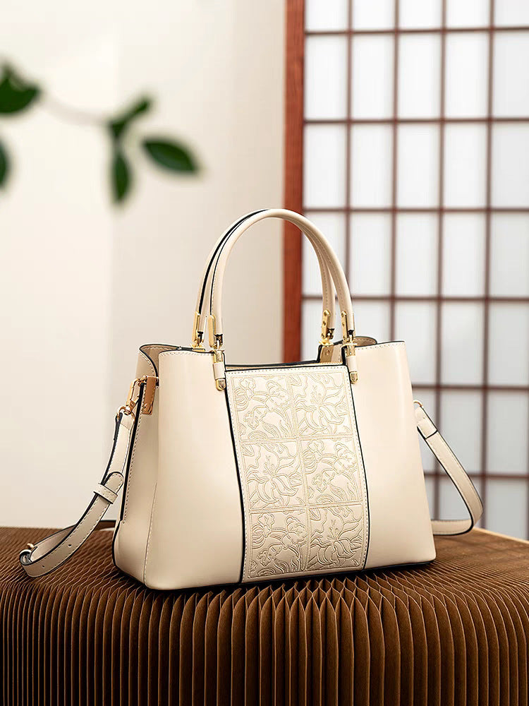 Women's Genuine Leather Embroidered Chinese Style Mother's Shoulder Bags