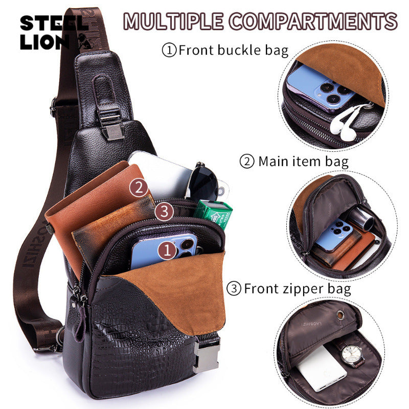 Men's Leather First Layer Cowhide Crocodile Pattern Men's Chest Bags
