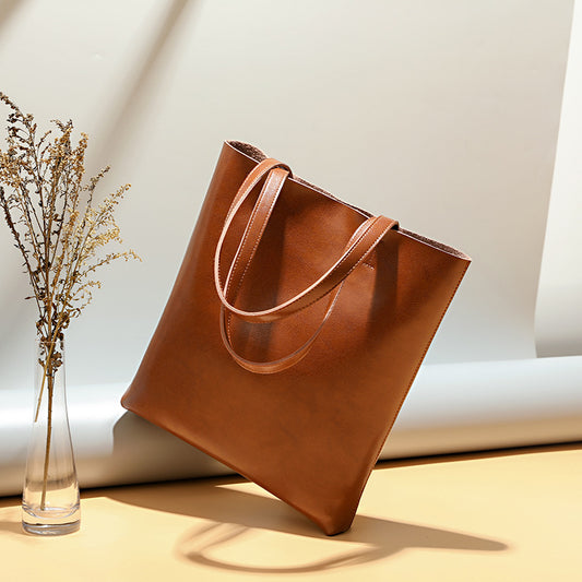 Women's Capacity Oil Wax Leather Vertical Genuine Tote Bags