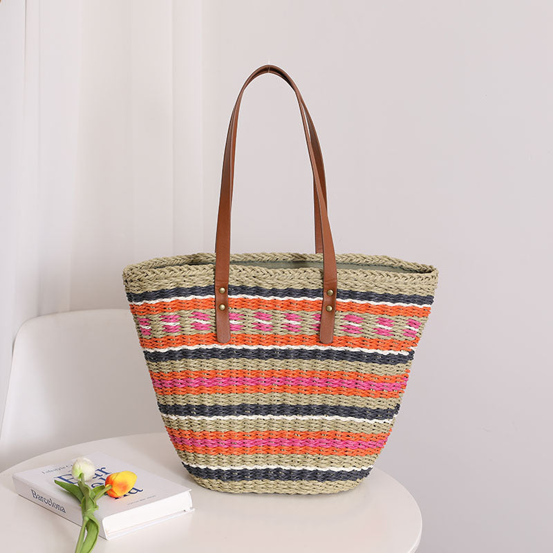 Women's Striped Straw Elegant Portable Woven Seaside Shoulder Bags