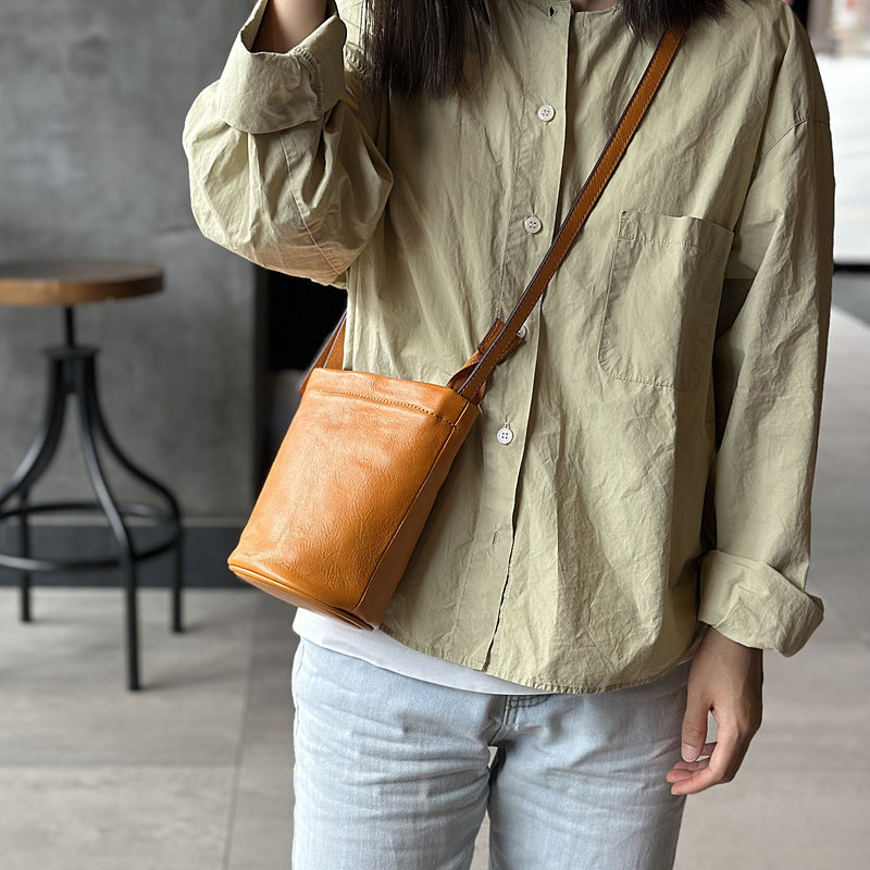 Women's Style Top Layer Cowhide Mini Retro Bucket Bags