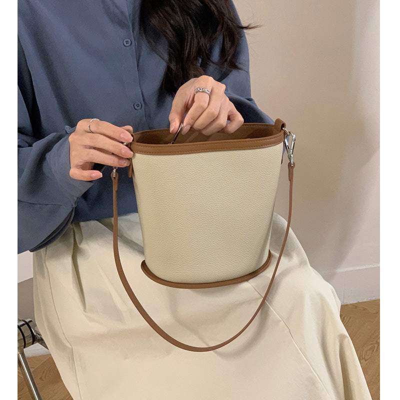 Women's Design Cowhide Leather Fashion Color Contrast Bucket Bags