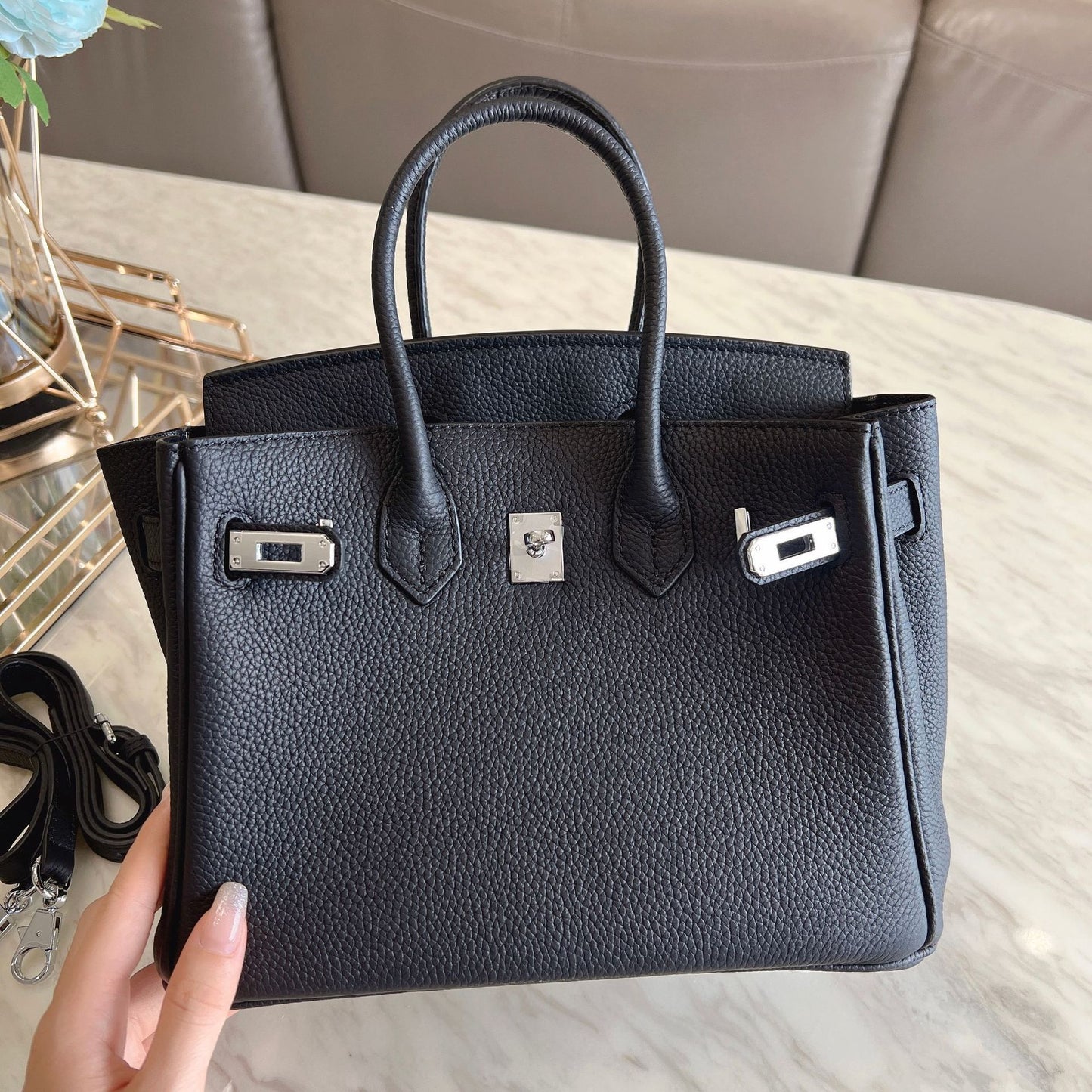 Women's Mini Litchi Pattern First Layer Cowhide Handbags