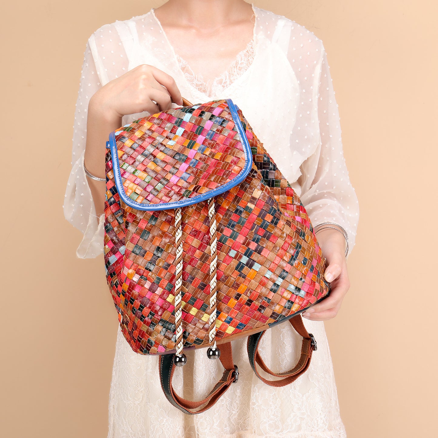 Women's Versatile Authentic Leather Weave Handmade Backpacks