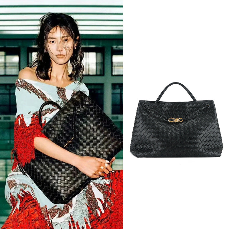 Women's Bow Metal Cord Fastener Woven Genuine Leather Shoulder Bags