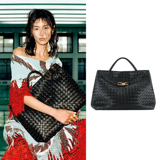Women's Bow Metal Cord Fastener Woven Genuine Leather Shoulder Bags
