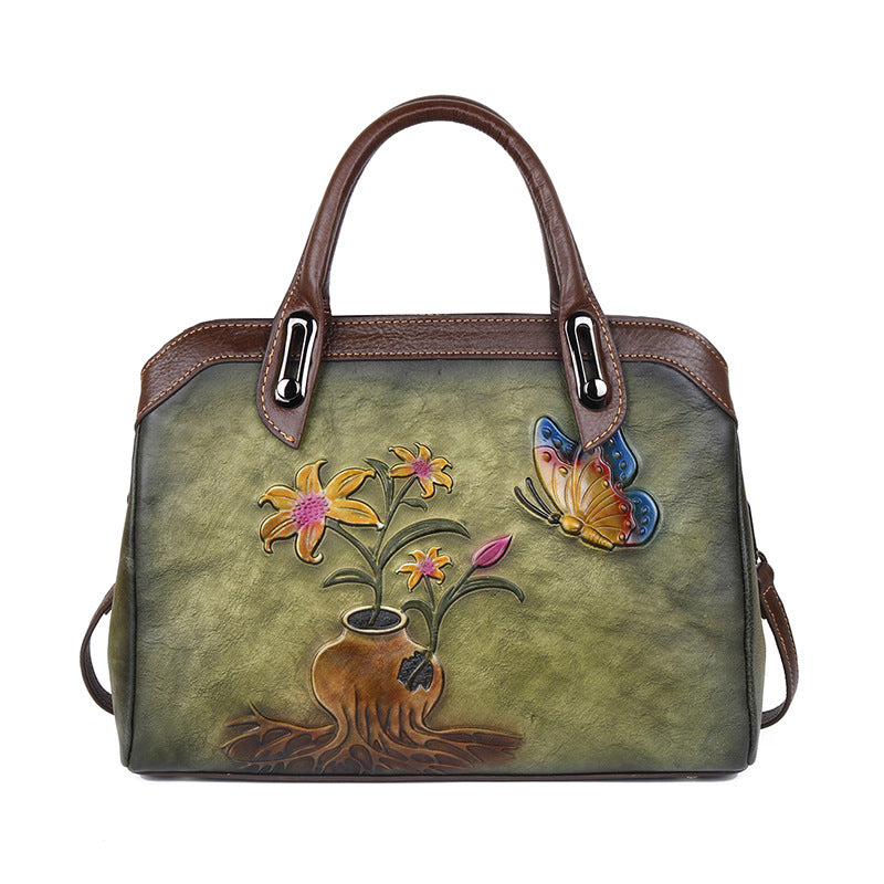 Women's Layer Cowhide Leather Chinese Style Vintage Floral Shoulder Bags